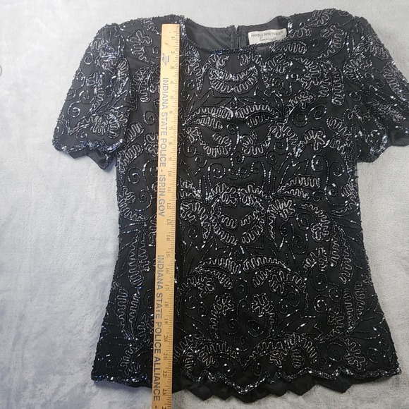 Papell Boutique Evening Size S Vintage 100% Silk Sequin Beaded Top Black - Picture 3 of 7